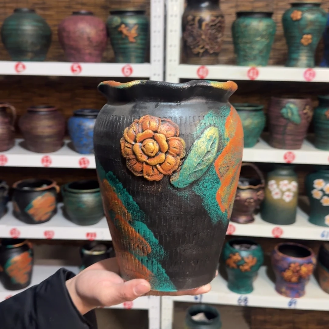 红陶红陶浮雕花盆炸炸炸