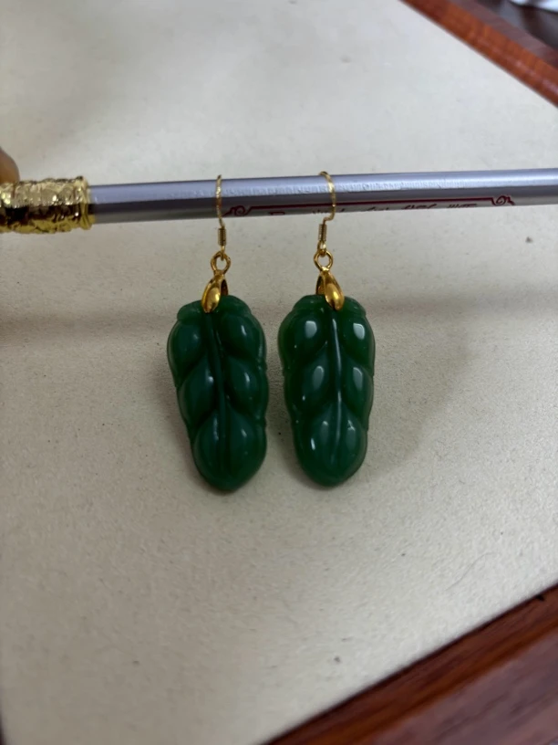 新中式国风款设计s925银镶嵌天然和田玉叶子轻奢简约风耳环 015