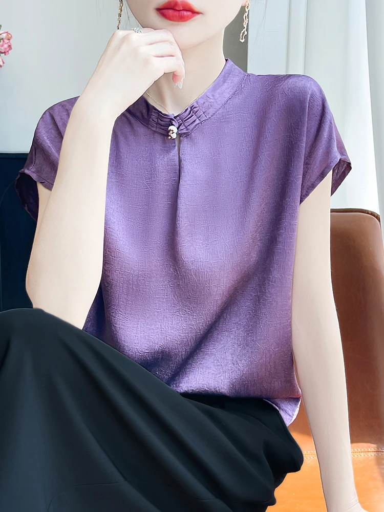2025夏季新款气质高档时尚小清新缎面上衣遮肉显瘦宽松醋酸上衣