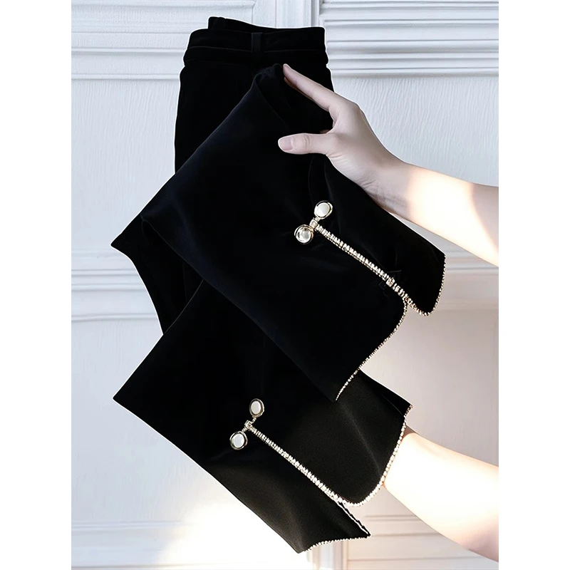 新中式国风黑色加绒加厚丝绒阔腿裤女2025冬季高腰休闲直筒长裤子