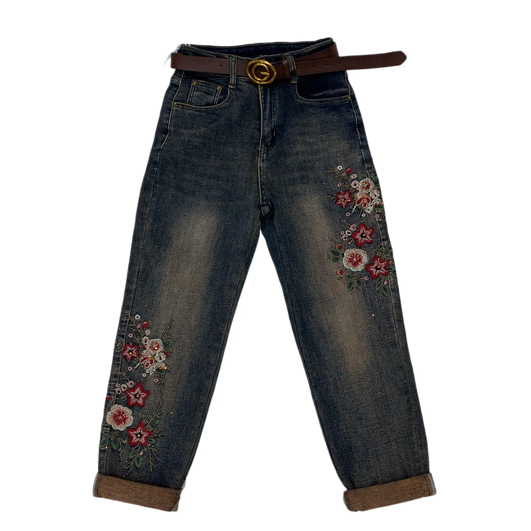 复古时尚刺绣百搭宽松牛仔裤高腰适合小个子牛仔垮裤（无腰带）