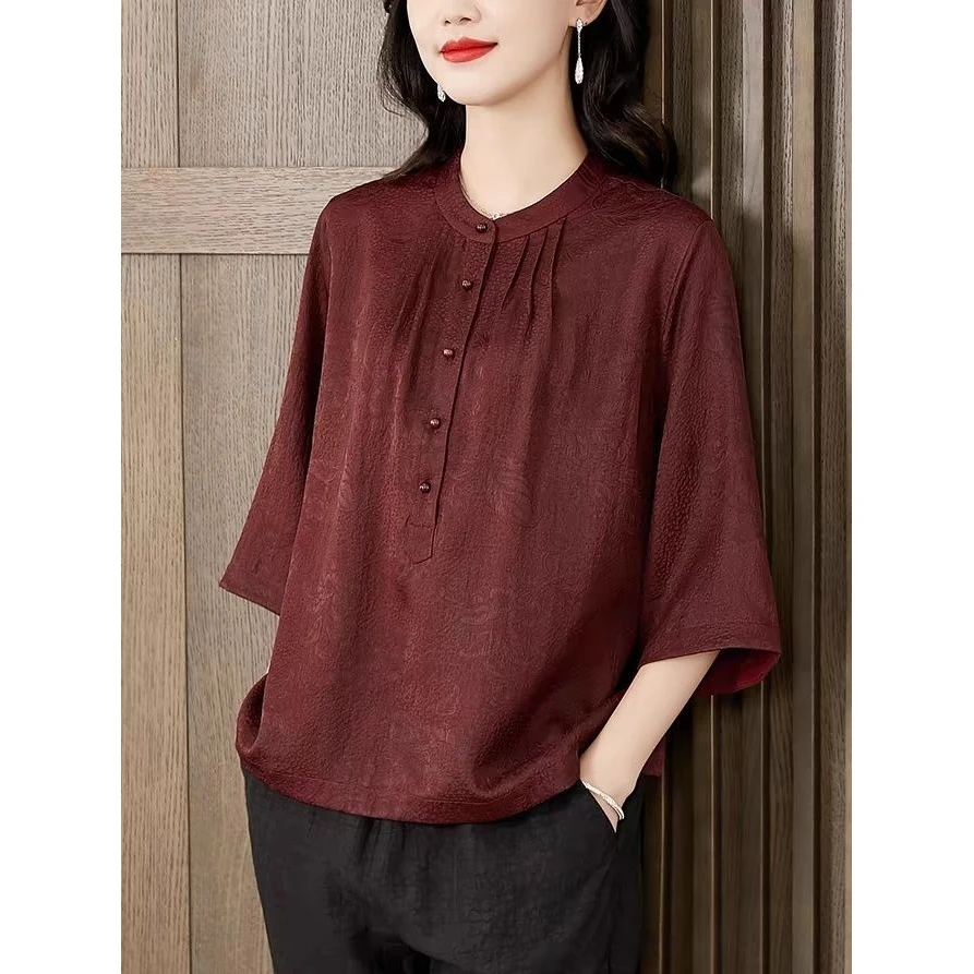 大牌香云纱真丝上衣女衬衫2025新中式妈妈宽松遮肚衬衣夏装七分袖