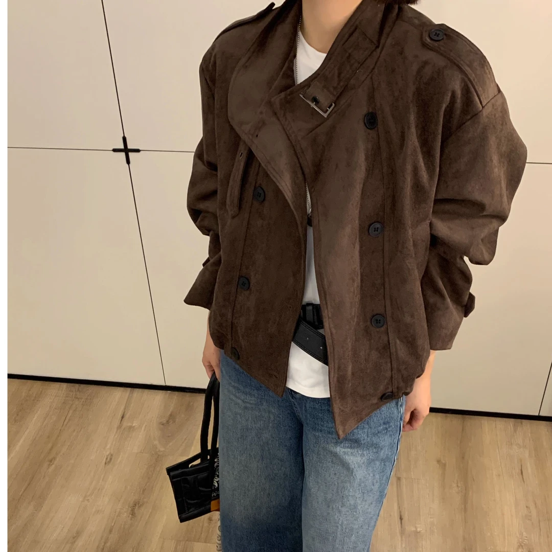 美式复古麂皮绒风衣外套女欧货2025秋季新款时尚休闲宽松夹克上衣