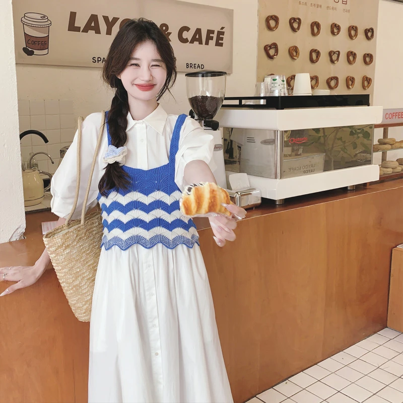 法式白色连衣裙套装女夏季新款文艺学院风针织马甲长裙两件套裙子