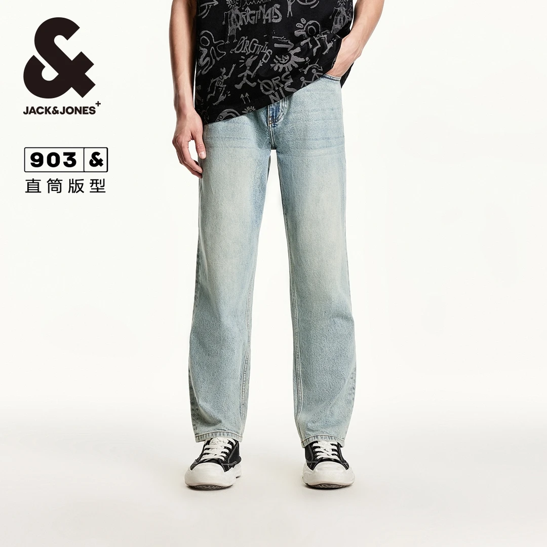 杰克琼斯春季休闲潮流百搭舒适宽松直筒猫须男士牛仔裤水洗男装