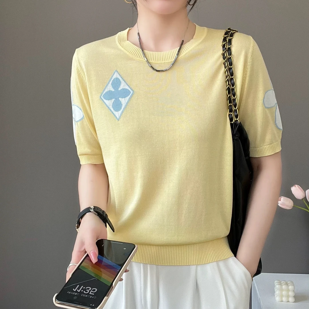 V领洋气提花夏季新款针织衫短袖时尚宽松韩系穿搭显瘦开衫上衣潮