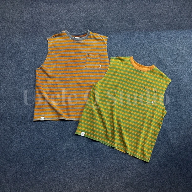 日系复古纯棉水洗口袋条纹无袖背心 男女同款