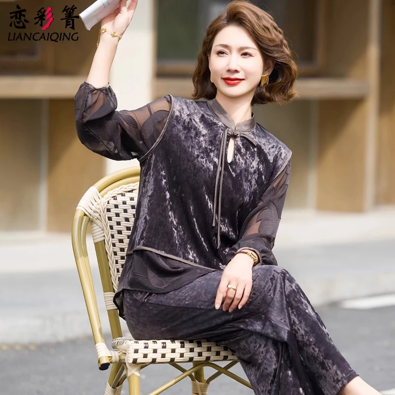 时尚妈妈春装金丝绒套装中老年女装春夏季国风上衣两件套2025新款