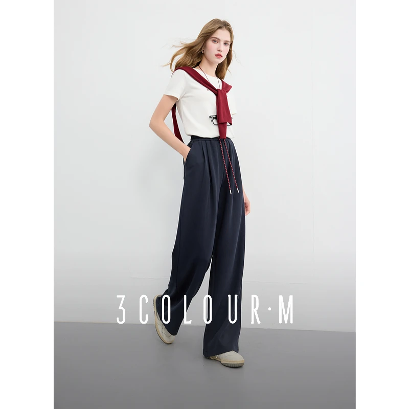 三彩2025春季新款休闲卫裤高腰阔腿裤宽松直筒长裤撞色抽绳M