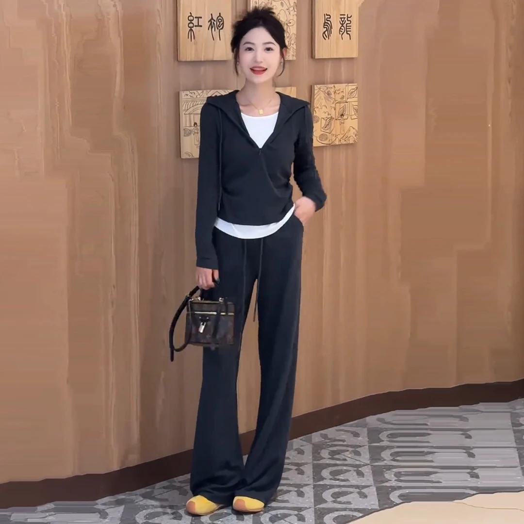 假两件休闲运动套装女2025春秋新款时尚连帽卫衣阔腿裤显瘦两件套