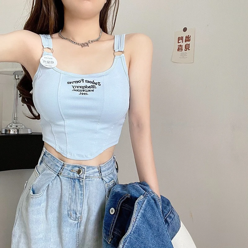 纯欲字母印花小吊带白色背心女内搭辣妹穿搭修身短款网红外穿上衣