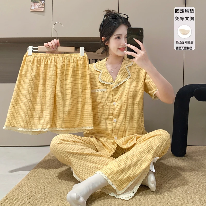 云朵棉三件套睡衣女夏季短袖自带胸垫黄色格子开衫甜美家居服套装