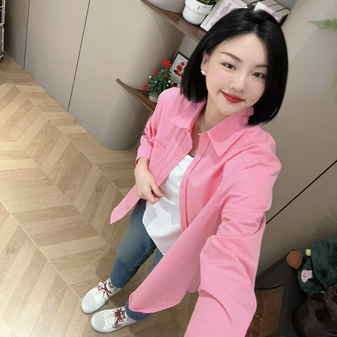 春季红色小鹿刺绣百搭宽松长袖衬衣5-2-20