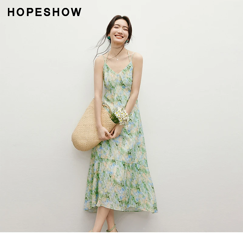 红袖2025夏女装【绿野幽光】油画感V领套头印花吊带裙90125181606