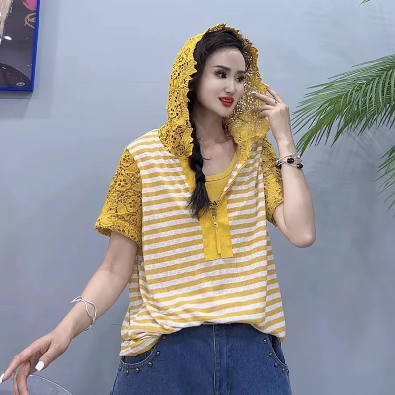 2025夏季条纹蕾丝连帽T恤女新款时尚宽松百搭韩版打底衫上衣-9033