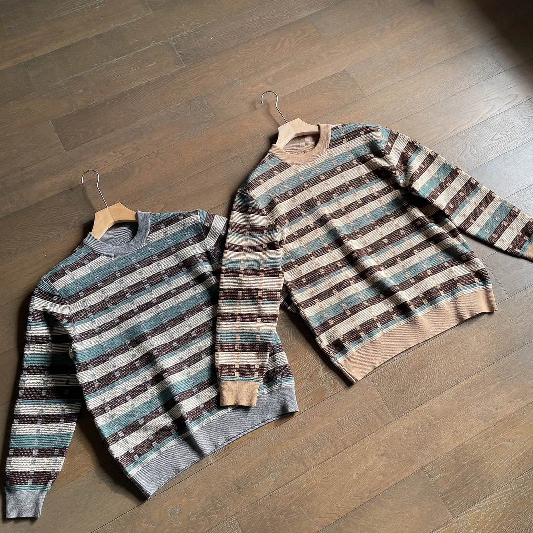 【冬季快闪】加厚复古条纹重工提花RL同款圆领套头毛衣情侣款