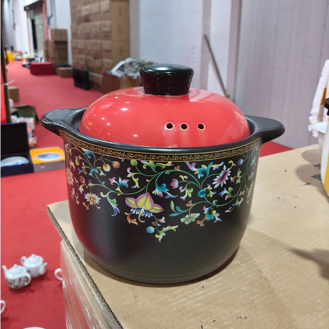 RY-大缠枝红盖砂锅22-12送手套