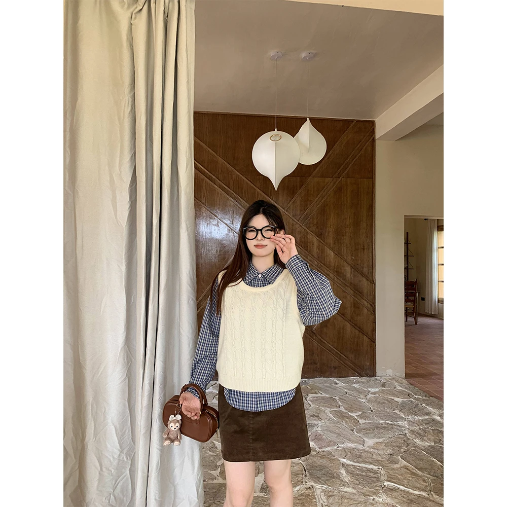 QC柚柚【贝莉学院】微胖韩系针织马甲+宽松格纹防晒衬衫408D20/22