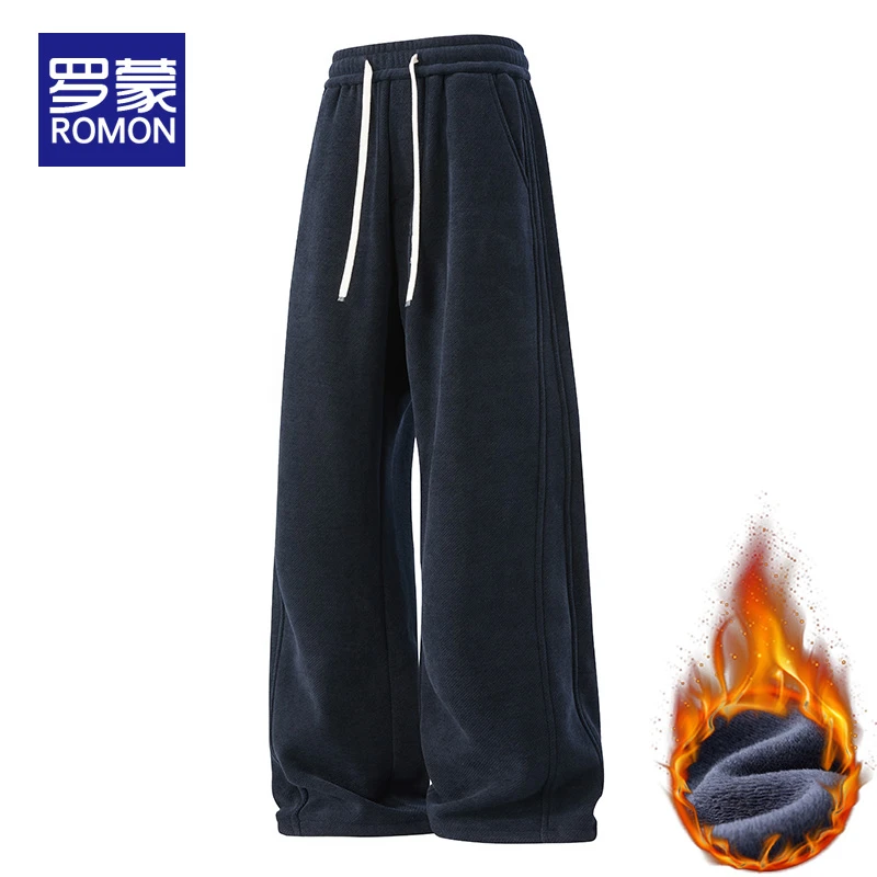 罗蒙男士加绒保暖休闲裤冬季宽松直筒卫裤男秋冬款加厚运动裤男款
