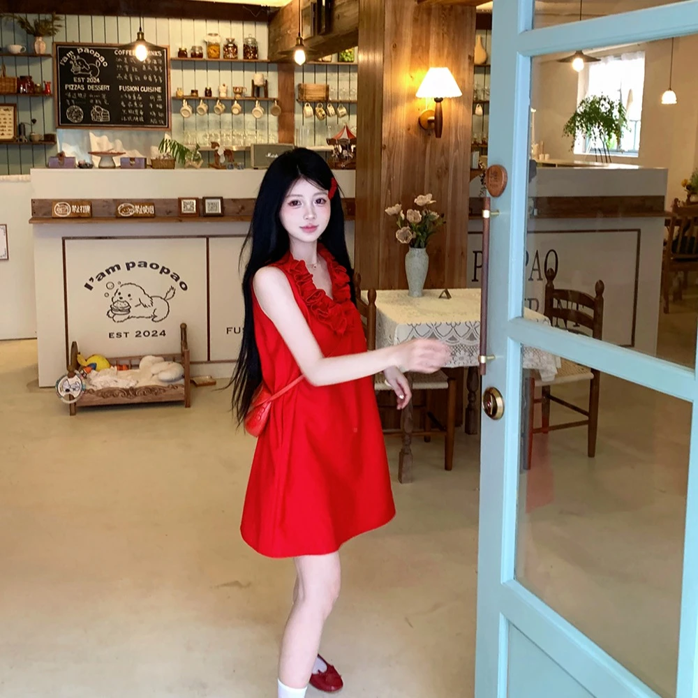 夏季新款法式高级感气质玫瑰花边无袖背心内搭短款显瘦收腰连衣裙