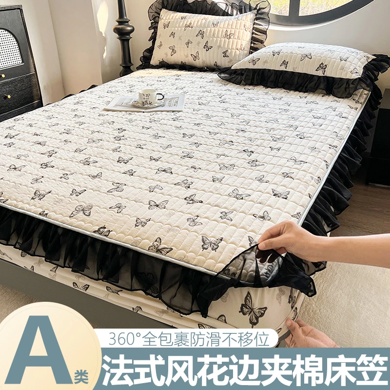赫本风花边床笠2025新款四季通用加厚夹棉席梦思保护套防滑床罩