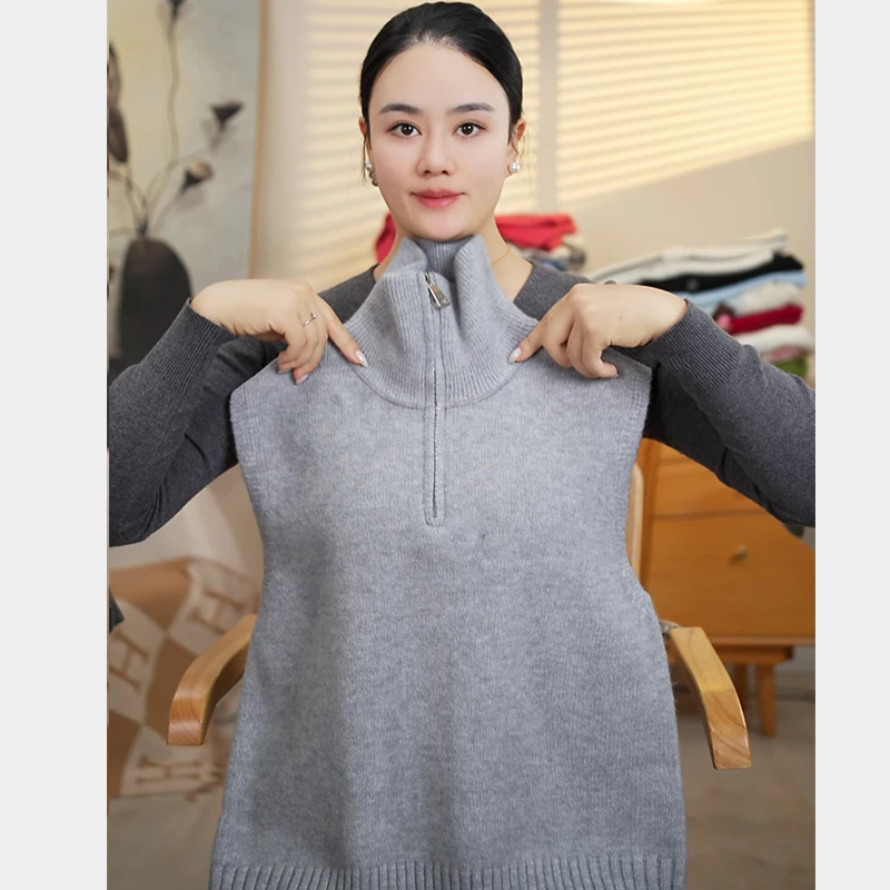 高领通勤风针织女纯色常规款马夹秋冬女士套头休闲300