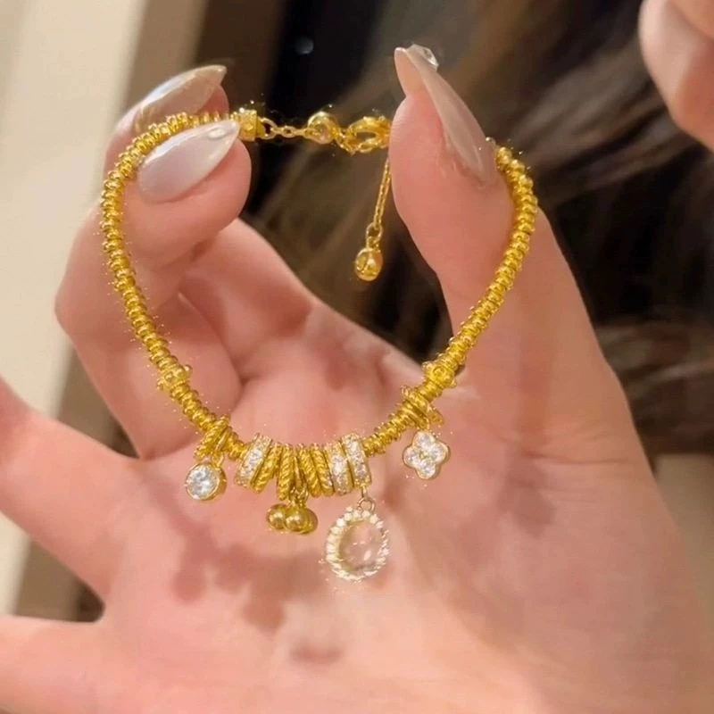 铜合金手链 龙心同款四叶花草盘缠手链女新中式冰透琉璃精致手链