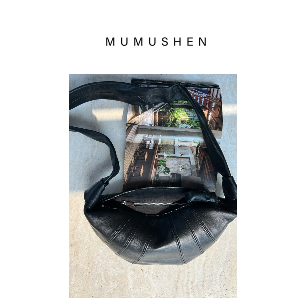 MUMUSHEN 小羊皮小号黑牛角包高级女包慵懒风