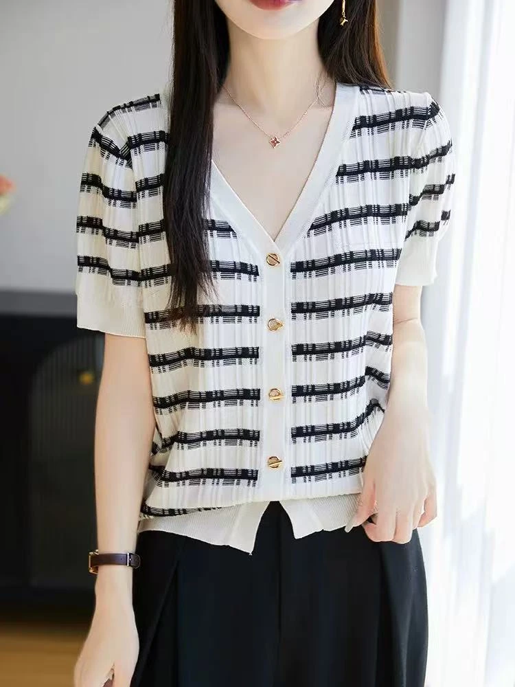 【100莱赛尔天丝】夏季条纹小香风显瘦短袖开衫百搭气质V领外搭