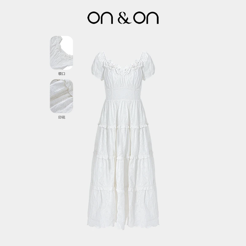 ON&ON/安乃安25夏法式浪漫木耳边拼接收腰绣花连衣裙N5SW1632006