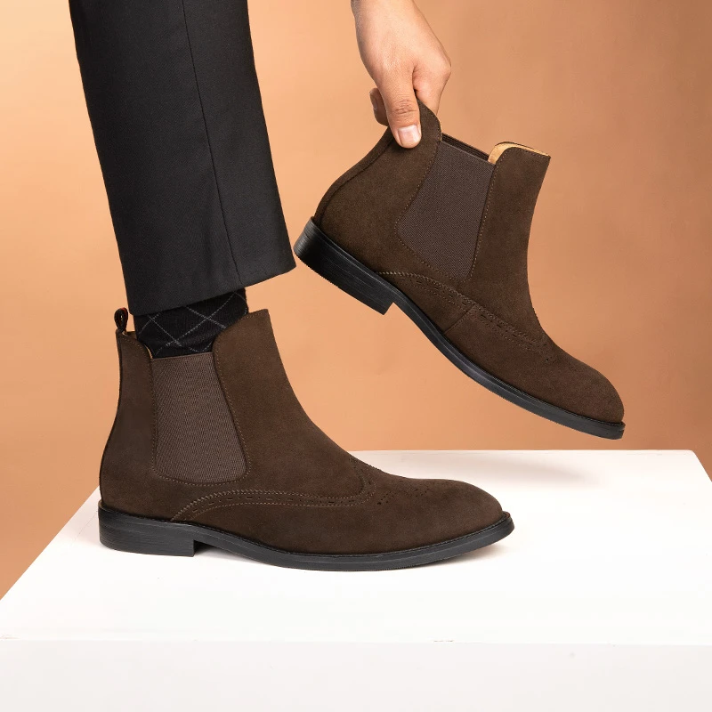 【冬季保暖羊毛马丁靴】真皮切尔西男靴反绒皮男士靴子雕花休闲皮靴