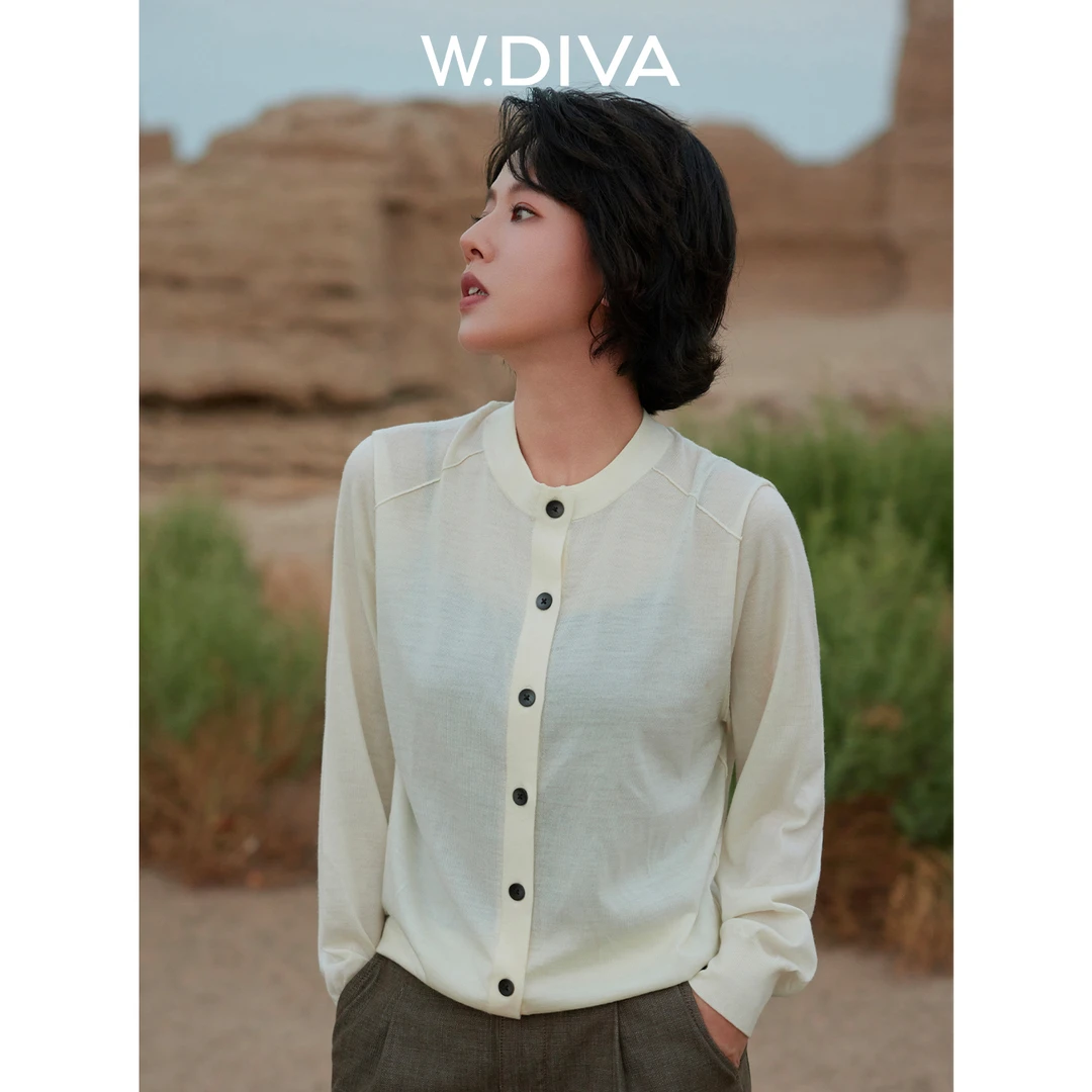 W.Diva【北欧简调】早秋100绵羊毛针织开衫格雷系软糯上衣53Z032577