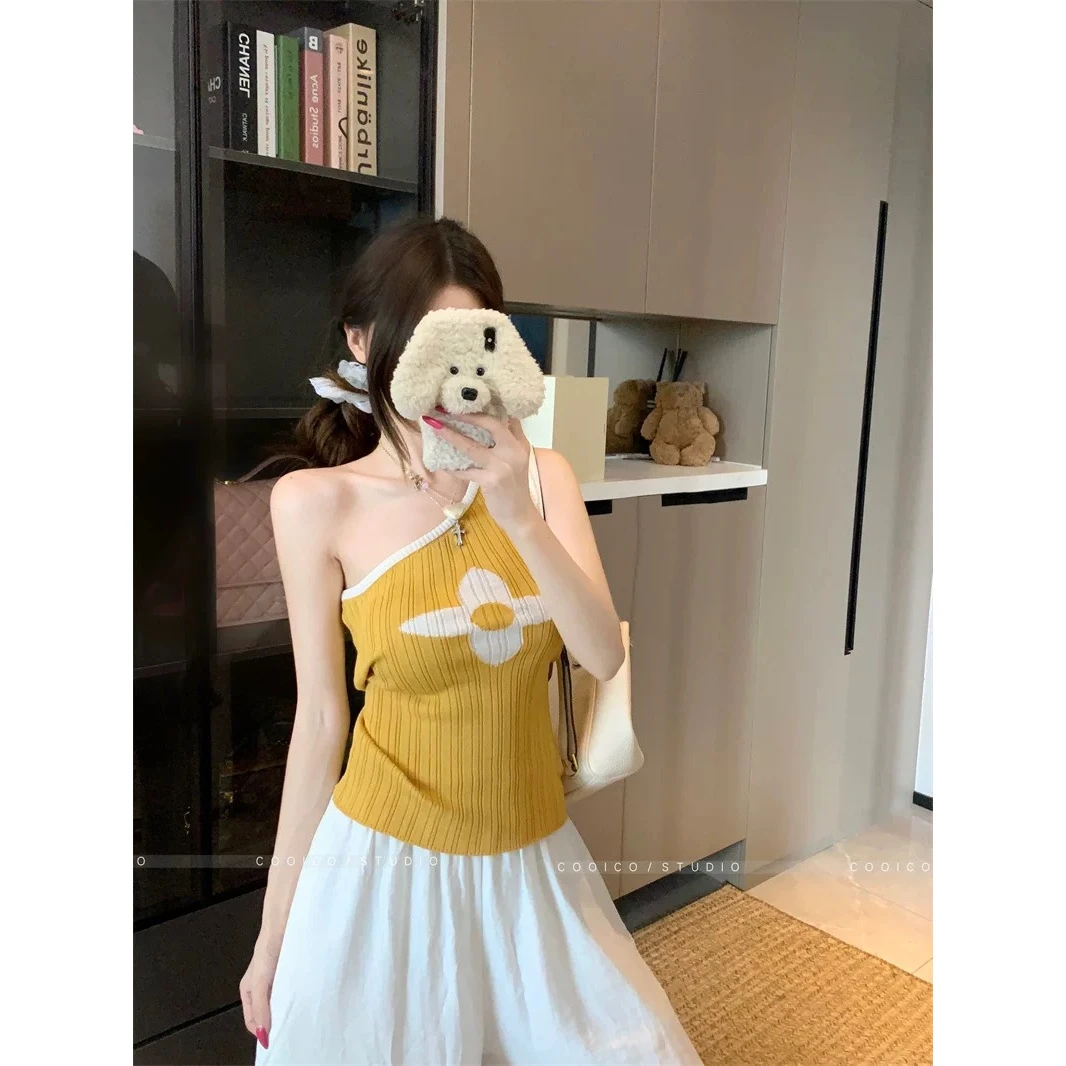 纯欲风斜肩无袖单肩吊带背心夏季女韩系撞色图案针织修身显瘦上衣