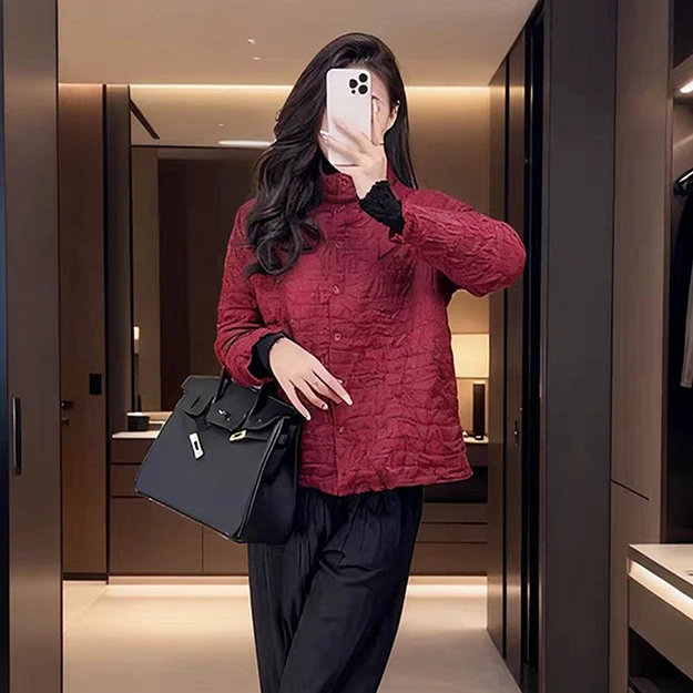 三宅高级感褶皱棉服2025秋冬新款单排扣长袖百搭开衫短纯色外套女