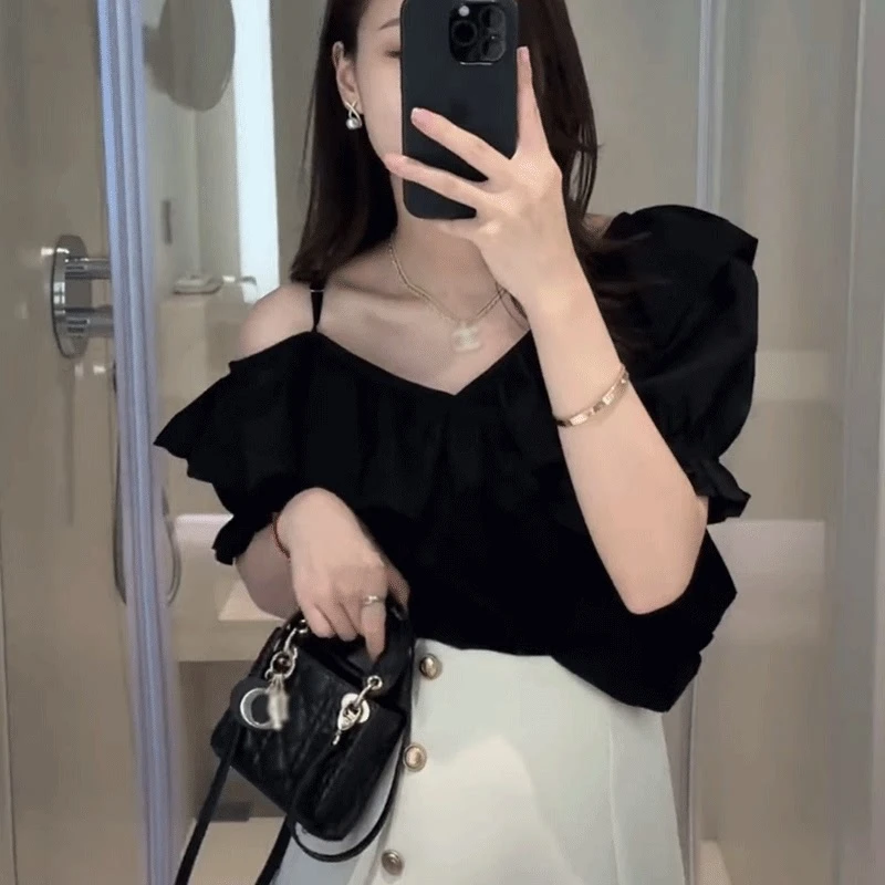 2025夏季新款韩版简约吊带露肩短袖衬衫上衣女洋气减龄荷叶边衬衣