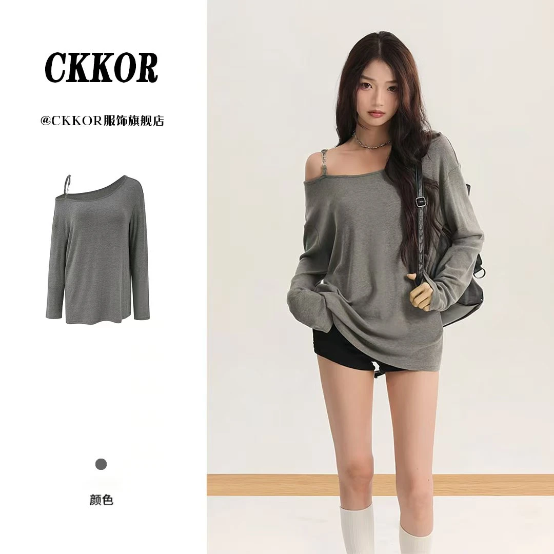 CKKOR春秋新款法式打底衫女内搭宽松设计气质显瘦露肩长袖上衣女