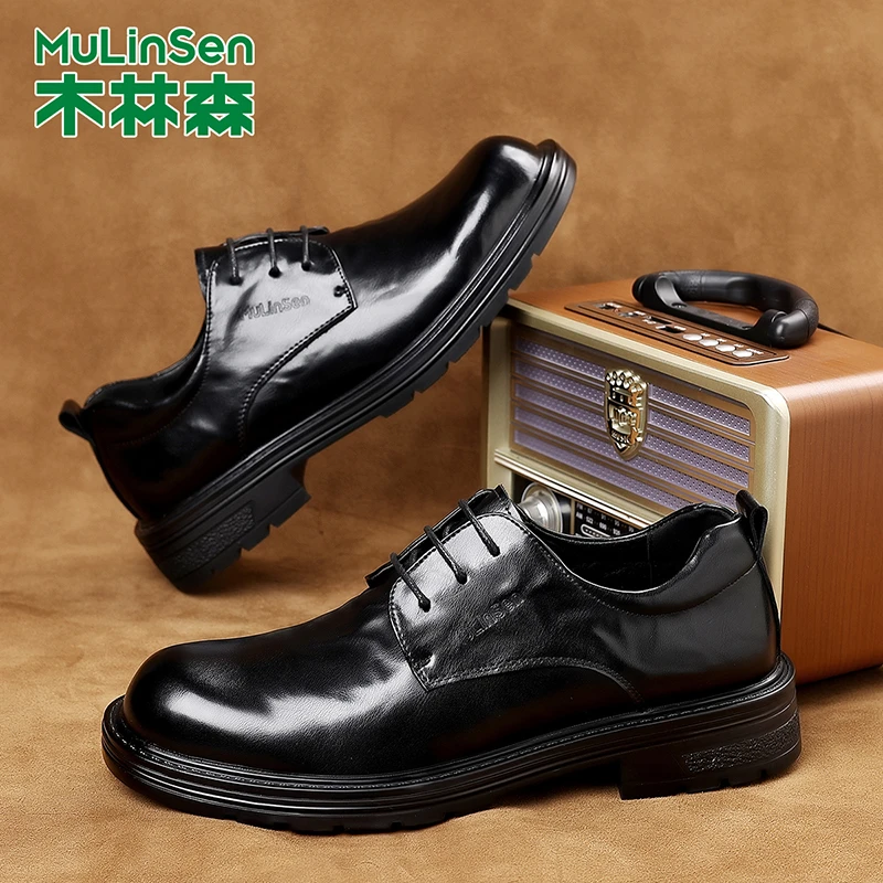 木林森男鞋结婚鞋男款秋季皮鞋黑色厚底商务圆男款秋季黑色皮鞋
