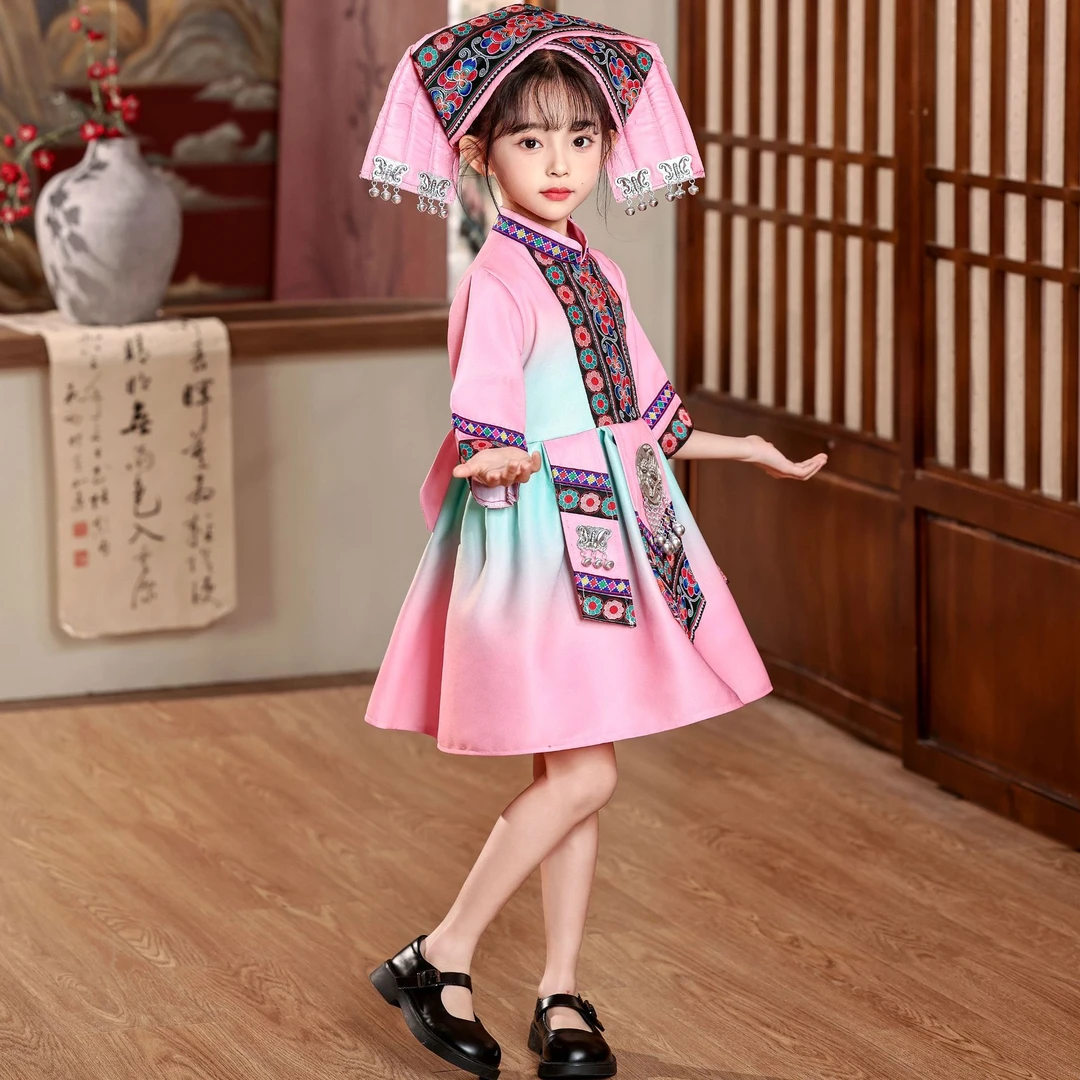 新款广西三月三壮族服装男女童少数民族儿童服饰瑶族哈尼族表演服