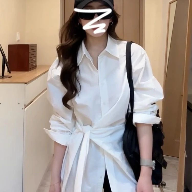 设计感侧腰绑带收腰显瘦学院风衬衫2025春季新款法式通勤正肩衬衣