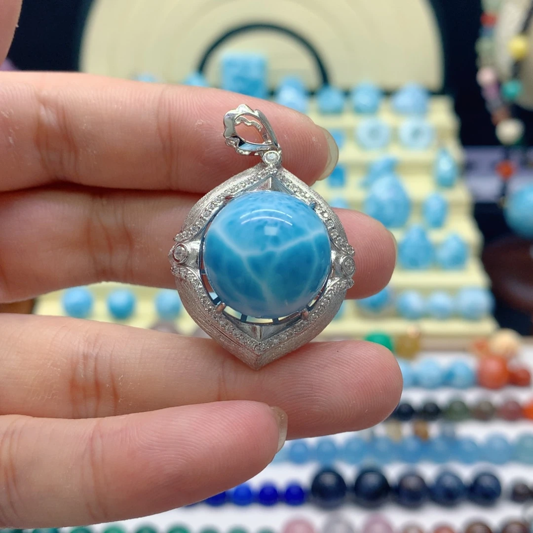 针钠钙石（海纹石）银S925镶嵌吊坠(不含链)