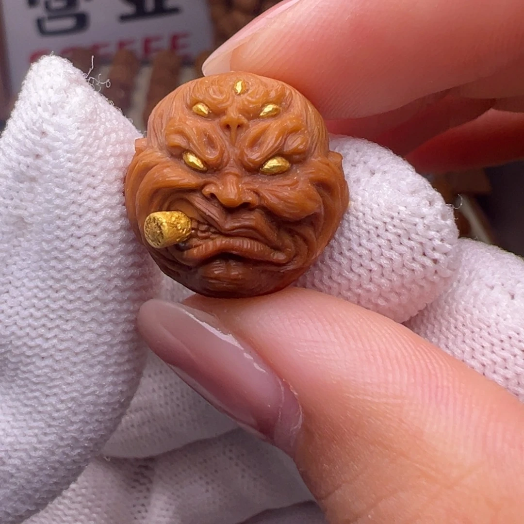 把件猴头核桃精修镶嵌金烟鬼全品有正常封口线