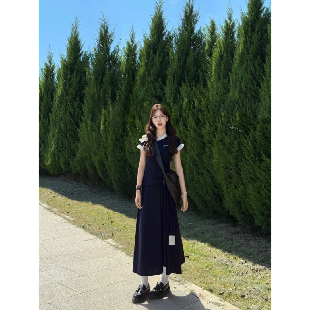 parkyeon韩系学院风木耳边斜肩藏蓝色连衣裙女复古设计收腰长裙