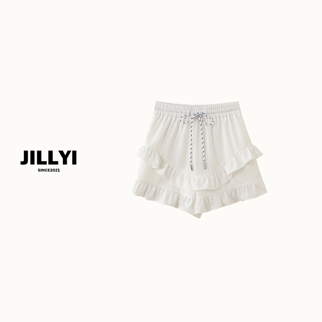 JILLYI珠海店【奶油欧包】白色高腰抽褶工艺时尚休闲短裤夏季重工百