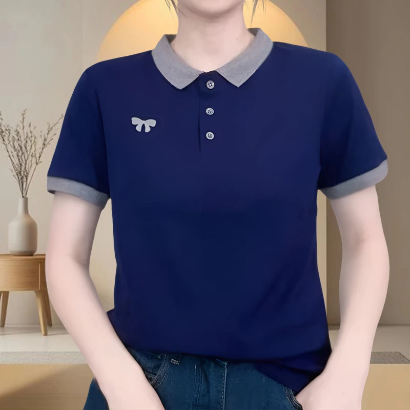 夏季撞色休闲女t恤减龄显瘦短袖翻领打底衫女款宽松百搭女士半袖