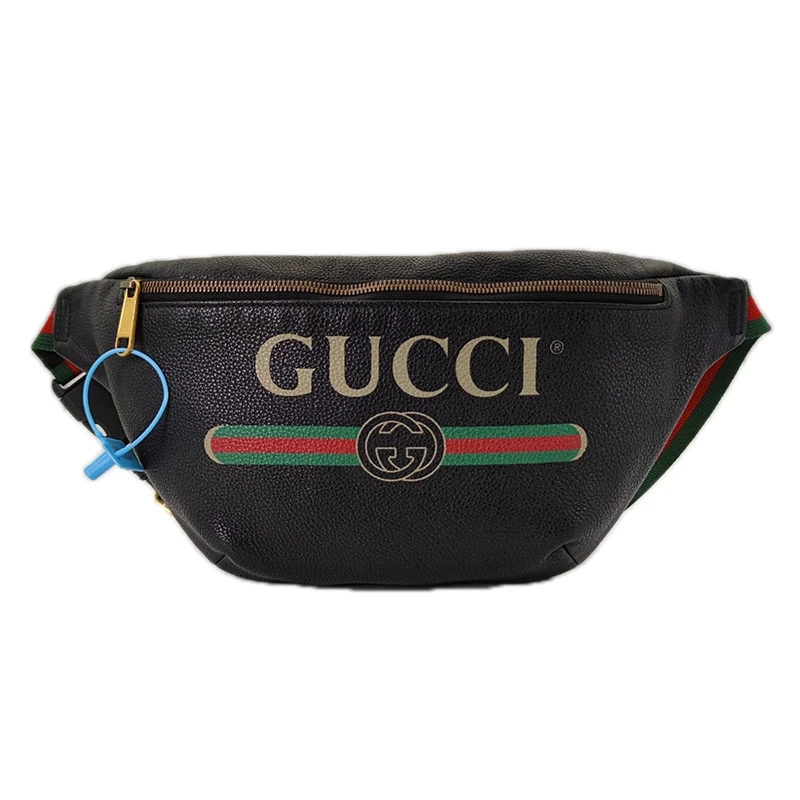 95新 GUCCI/古驰 黑色男士大号牛皮胸包时尚logo单肩斜挎腰包休闲