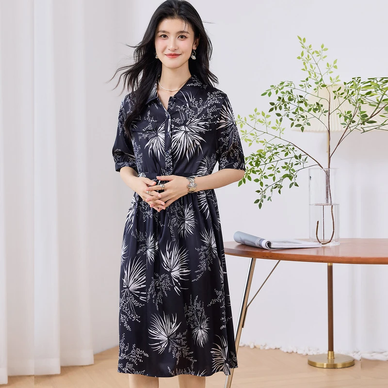 金菊【桑蚕丝直筒裙】翻领连衣裙女夏季高级感气质不规则树叶印花