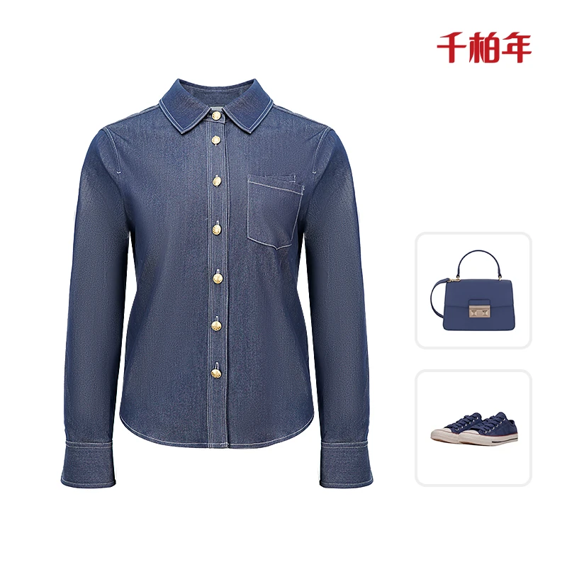 千柏年【蓝梦初醒】时尚复古金属浮雕扣通勤百搭牛仔风衬衫-C1947