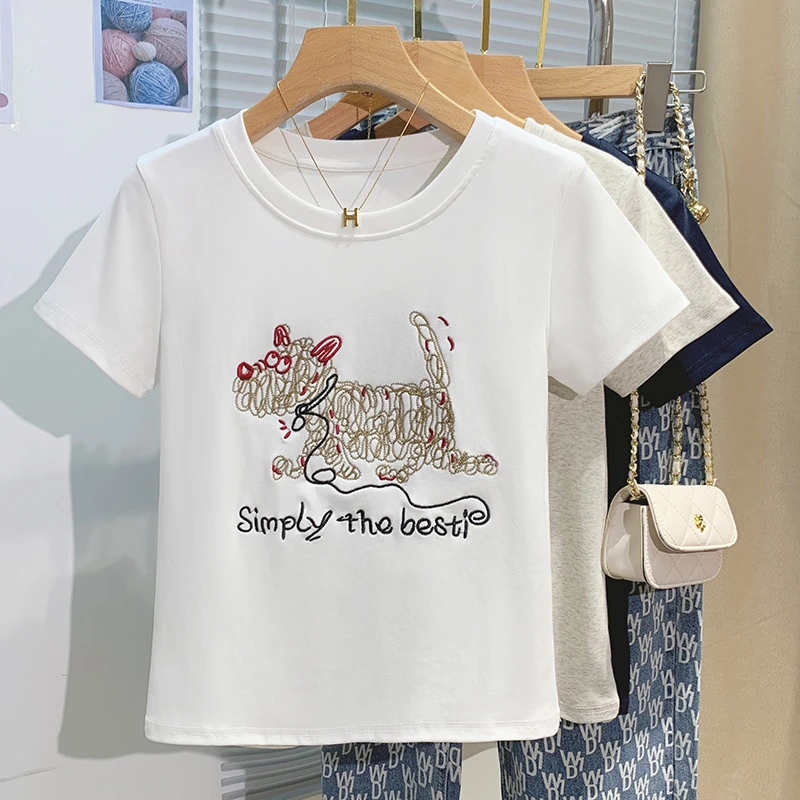柔软云朵棉线条狗狗刺绣圆领短袖T恤女2025年夏新款宽松时髦衣服