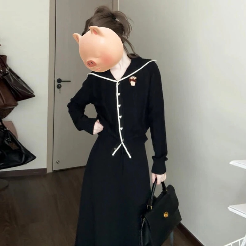 海军领小个子香风黑色针织连衣裙子女初秋季2025新款法式时尚套装