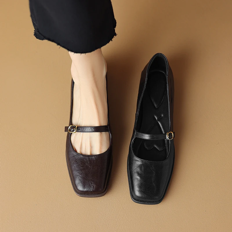 李大龙~羊皮2公分/复古浅口百搭方头真皮女鞋软底粗跟春季单鞋